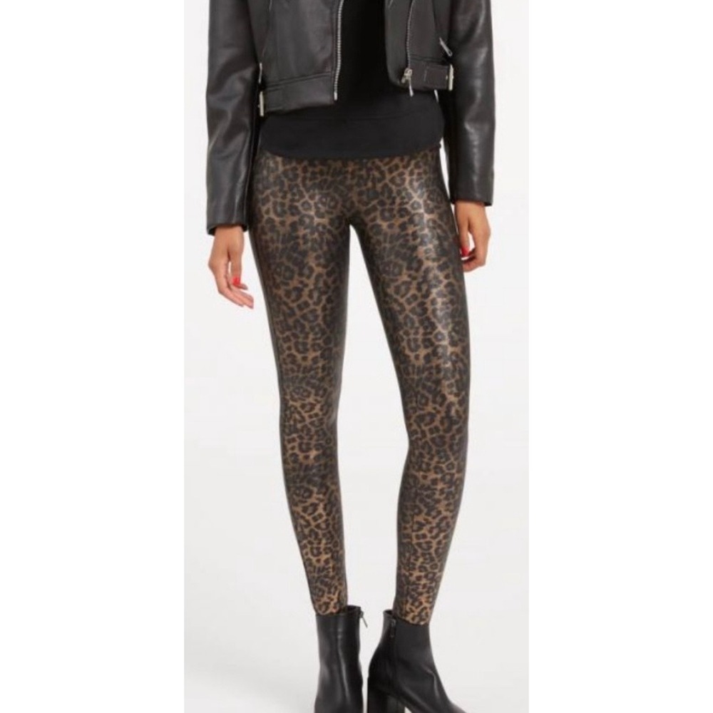 Spanx Faux Leather Leopard Leggings Metallic Bronze Animal Print High Waist S/P